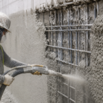 Worker performing guniting services to strengthen damaged concrete structures.