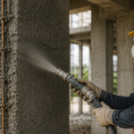 Guniting work in progress for RCC structural strengthening and concrete surface repair