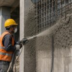 Guniting contractors applying sprayed concrete for RCC structural repair and extending the life of damaged concrete structures