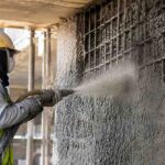 Benefits of guniting services for structural strengthening showing professional guniting work on an RCC concrete wall during structural repair and rehabilitation.