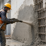 Professional guniting contractor applying shotcrete for RCC structural repair and concrete rehabilitation at an industrial construction project.